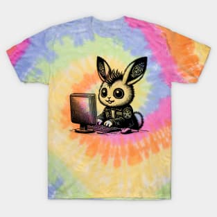 Punk Rock Goth Bunny on Computer Vintage Style T-Shirt